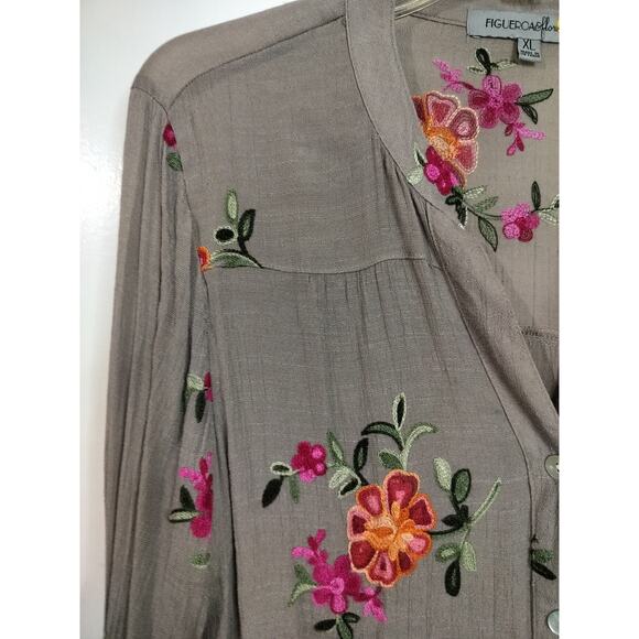 2750)Figueroa & Flower Taupe Embroidery Long Sleeve Button Up Tunic Top XL - Picture 9 of 12